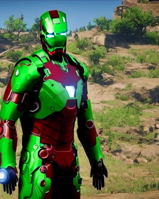 Image similar to green iron man suit in red dead redemption 2, cinematic, photorealistic