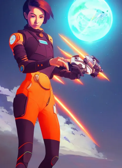 Image similar to indo - futuristic pilot + full body | hyperrealistic digital painting by makoto shinkai, ilya kuvshinov, lois van baarle, rossdraws | indofuturism in the style of hearthstone and overwatch, trending on artstation | orange highlights and complimentary colors