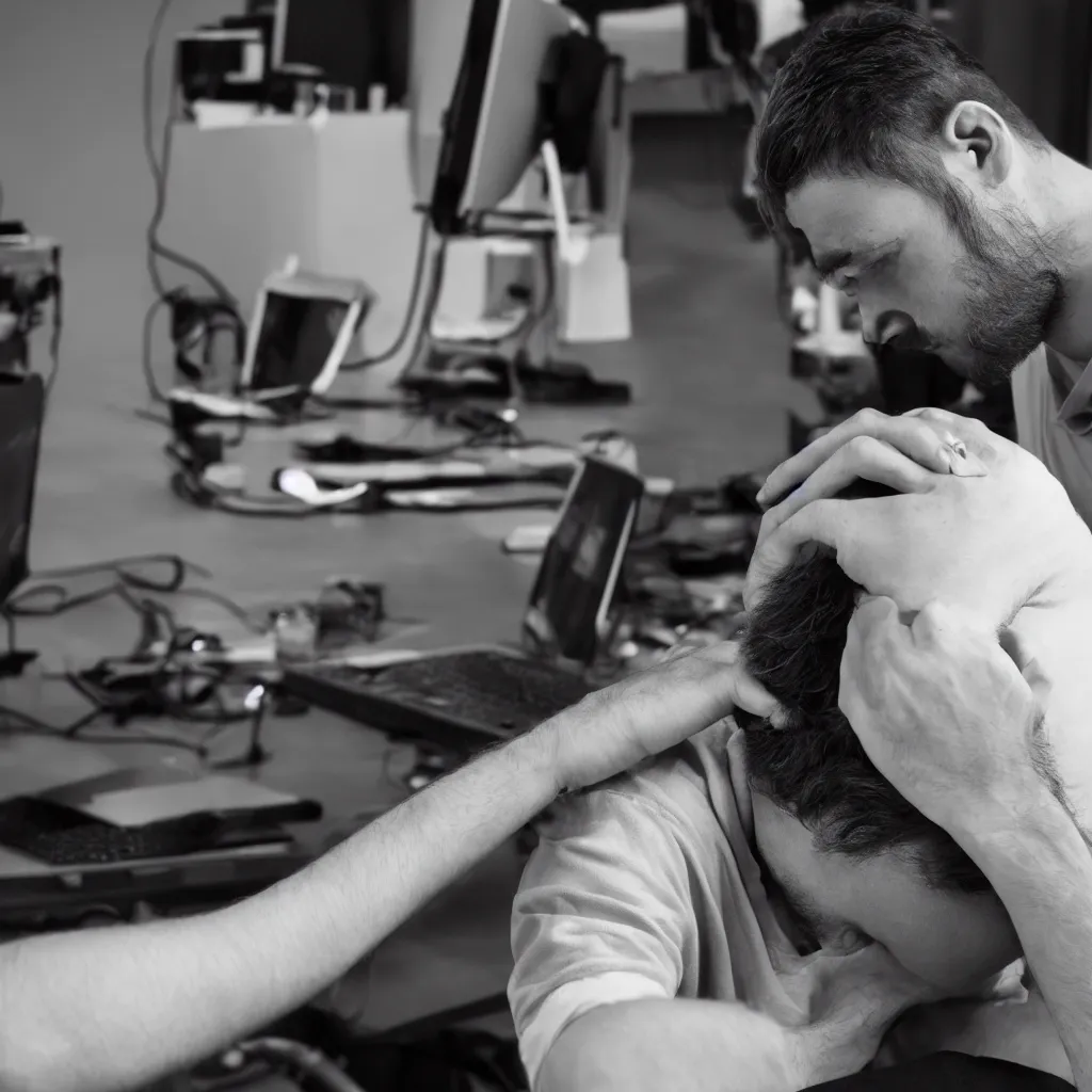 Prompt: an extremely stressed out programmer doing a rollback after a critical production failure, holding his head in despair, award winning 4 k photography with dramatic lighting