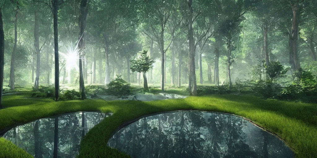 Prompt: immaculate forest with trees spaced at equidistant intervals between circular pools of water on the ground, with light flitering through the trees by Studio Ghibli, dynamic camera angle, deep 3 point perspective.