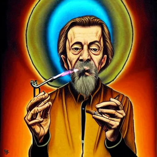 Image similar to Alan watts Smoking a pipe, drawn by alex grey