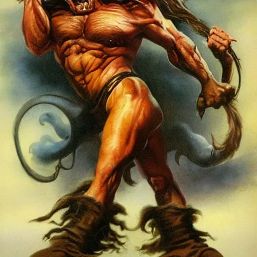 Image similar to hairy, heavy set, overbearing, hungry, menacing, giant painted by boris vallejo, frazetta