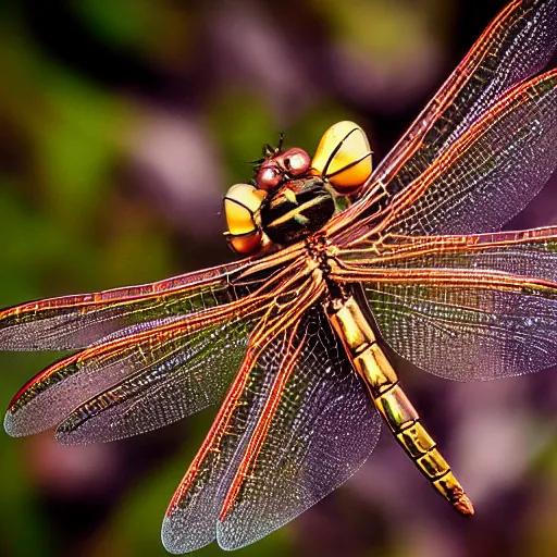 Prompt: wildlife photography of a weaopnised mechanical dragonfly, macro photography