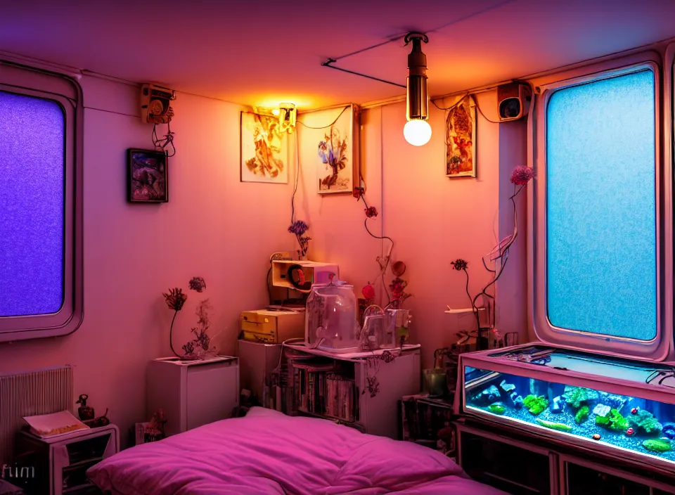 Image similar to telephoto 7 0 mm f / 2. 8 iso 2 0 0 photograph depicting the feeling of chrysalism in a cosy cluttered french sci - fi ( art nouveau ) cyberpunk apartment in a pastel dreamstate art cinema style. ( aquarium, computer screens, window ( city ), leds, lamp, ( ( ( aquarium bed ) ) ) ), ambient light.