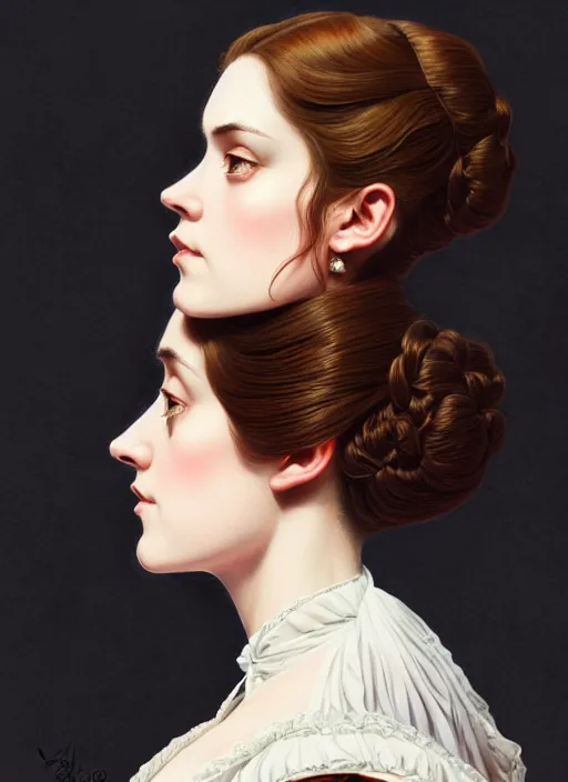 Image similar to 3 / 4 view of a portrait of woman in victorian clothing, confident pose, intricate, elegant, sharp focus, illustration, highly detailed, concept art, matte, trending on artstation, anime, art by james jean and artgerm and brian despain and alberto mielgo, ilya kuvshinov, dramatic lighting, gothic, haunted, art nouveau