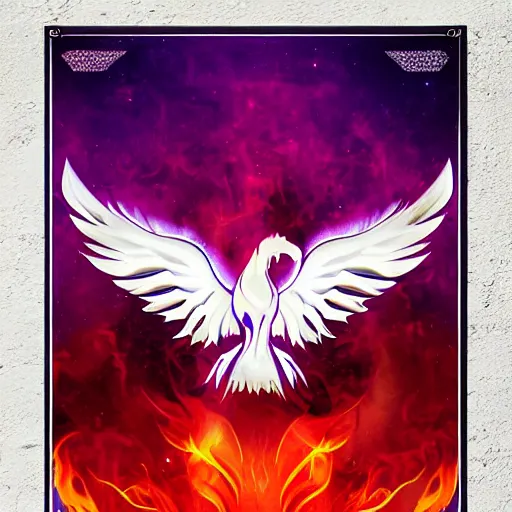 Image similar to white phoenix on flames orange purple background stylised poster art neat graphic design style holistic