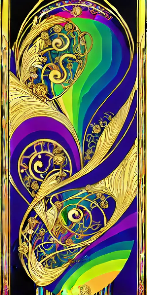 Image similar to the source of future growth dramatic, elaborate emotive Art Nouveau styles to emphasise beauty as a transcendental, seamless pattern, symmetrical, large motifs, rainbow liquid splashing and flowing, 8k image, supersharp, spirals and swirls in Art Nouveau style, medallions, iridescent black and rainbow colors with gold accents, perfect symmetry, High Definition, sci-fi, Octane render in Maya and Houdini, light, shadows, reflections, photorealistic, masterpiece, smooth gradients, high contrast, 3D, no blur, sharp focus, photorealistic, insanely detailed and intricate, cinematic lighting, Octane render, epic scene, 8K