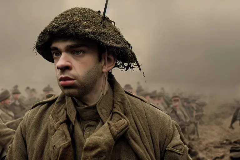 Image similar to jay baruchel as world war 1 soldier in the trenches, bullets whizzing past, cinematic lighting, high contrast, 4 k hdr imax cinematography by roger deakins, award winning shot, beautiful composition, principal photography, vfx action shot