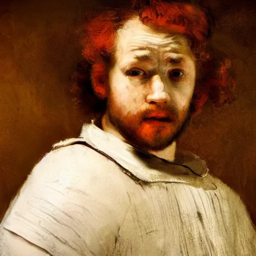 Prompt: masterpiece closeup portrait of a young man with red hair in a white apron by Rembrandt, 4k, masterpiece, cinematic, dungeons and dragons, detailed