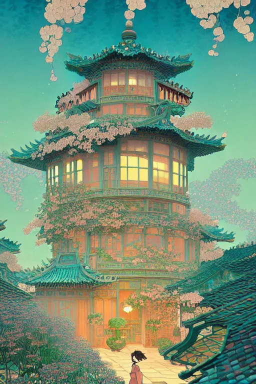 Image similar to a beautiful hyperdetailed matte illustration victo ngai style of absolutely beautiful blooming flower house, from china, perfectly shaded, atmospheric lighting, style of studio ghibli, makoto shinkai, raphael lacoste, louis comfort tiffany, artgerm, james jean, ross tran, chinese style