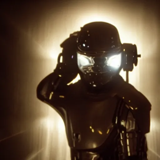 Image similar to movie still of a man with a cyborg helmet made of flowing energy, cinematic composition, cinematic light, by edgar wright and david lynch