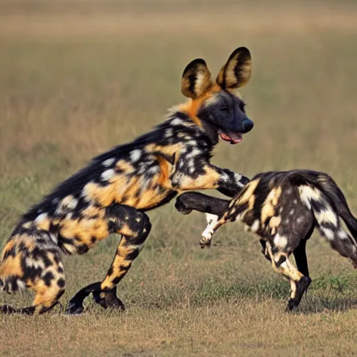 Image similar to african wild dog fighting an alligator on drugs