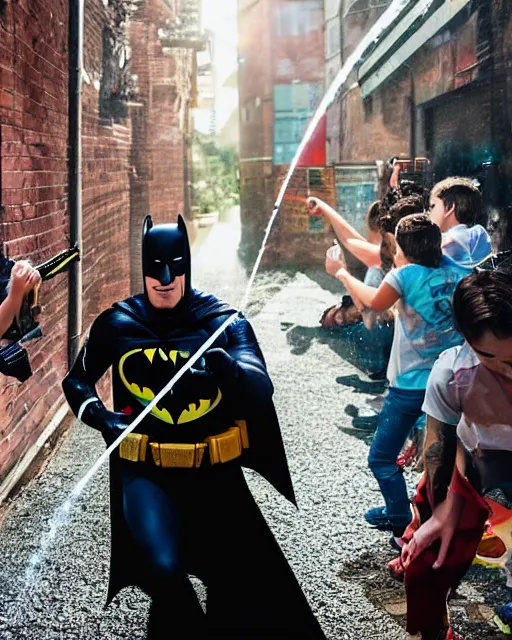 Image similar to happy batman firing super soaker water gun at playful criminals in an alleyway, everyone having fun, product advertisement, photogenic photograph