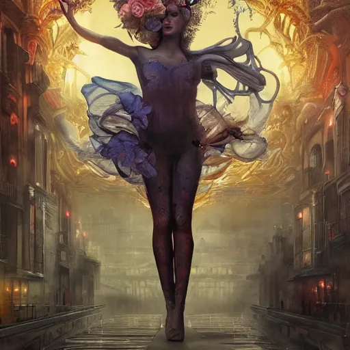 Prompt: Carmen mesmerizing a crowd with her singing, baroque ,8k,by tristan eaton,Stanley Artgermm,Tom Bagshaw,Greg Rutkowski,Carne Griffiths, Ayami Kojima, Beksinski, Giger,trending on DeviantArt,face enhance,hyper detailed,cityscape background,cybernetic, android, blade runner,full of colour,