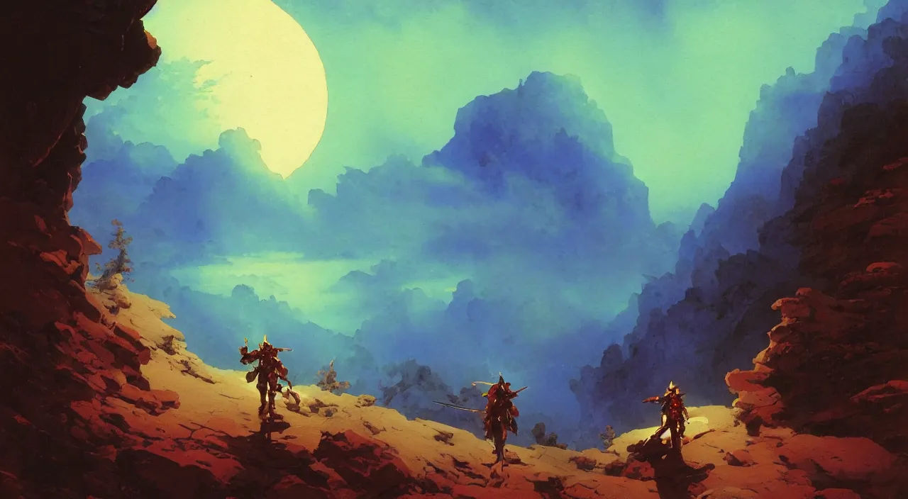 Image similar to vintage anime cinematic robot warrior emerging from moonlit lush cave mountain by Ivan Aivazovsky, watercolor concept art by Syd Mead, by william herbert dunton, watercolor strokes, japanese woodblock, by Jean Giraud
