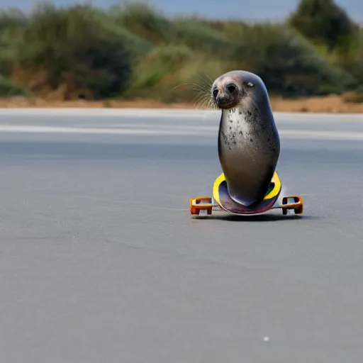 Prompt: a seal riding a skateboard