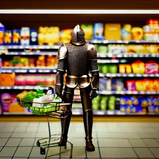 Prompt: a knight standing in a grocery store aisle, 35mm film grain, bokeh, octane render, hyperdetailed, realistic