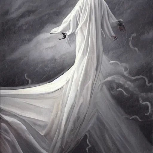 Image similar to ominous bedsheet ghost floating on the wing of a plane, oil painting, brush strokes, gloomy foggy atmosphere, symmetrical, full body image, highly ornate intricate details,