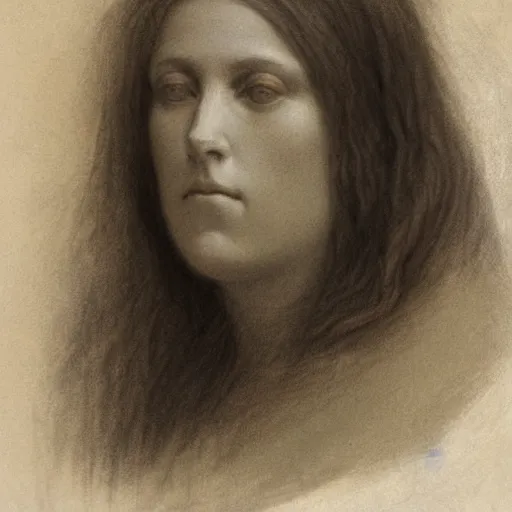 Prompt: white chalk study of a womans portarit by arnold bocklin. fine detail showing the forms of the face. studio lighting. sketch where you can see the artists lines