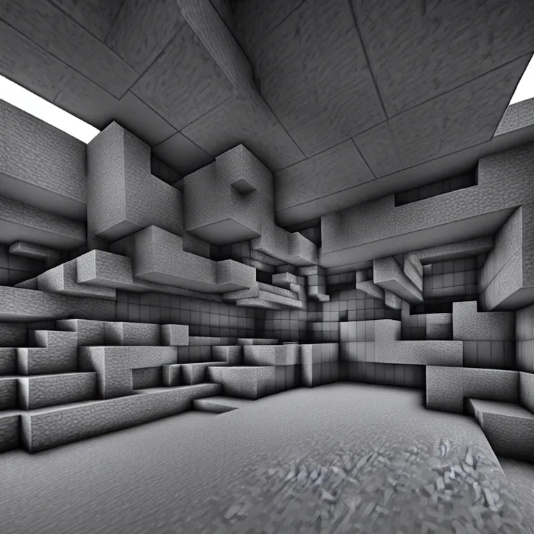 Image similar to Concrete gray multi-layered underground structure with multiple floors and a plus-shaped cleft in the center. Inside view, minecraft style, layers, straight lines, corners, high detailed, details, ultra realistic, photorealism, 8k, wide shot, symmetrical, brutalism, ray of light, architecture, volumetric lighting, cinematic, shadows