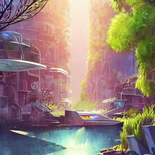 Image similar to Beautiful happy picturesque charming futuristic sci-fi town in harmony with nature. Beautiful light. Water and plants. Nice colour scheme, soft warm colour. Beautiful detailed watercolor by Lurid. (2022)