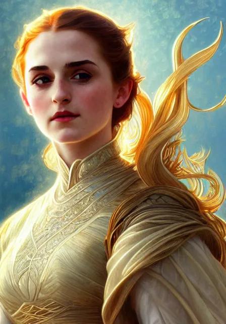 Image similar to sansa emma watson sunny gold, intricate, elegant, highly detailed, digital painting, artstation, concept art, smooth, sharp focus, illustration, art by artgerm and greg rutkowski and alphonse mucha and william - adolphe bouguereau