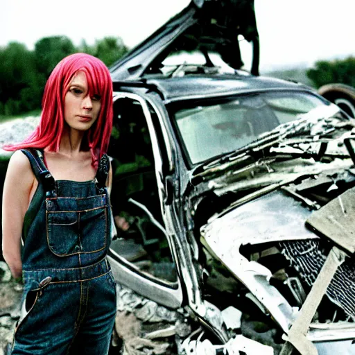 Image similar to a skinny female high-fantasy elf with a long face narrow chin and short spiky blonde hair wearing dark brown overalls and holding a bomb next to a destroyed car, gel spiked blond hair, narrow lips, high resolution film still, HDR color, photograph by Mario Testino