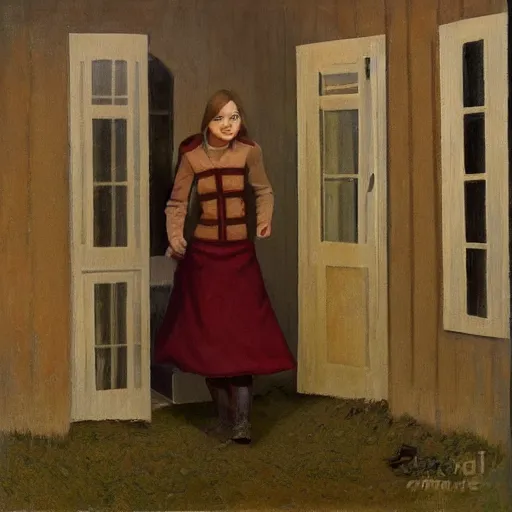 Prompt: emma stone in boots walking to outdoor toilet, winter, russian depression, chthonic, by grant wood, shulzhenko, nikolay kopeykin, lozhkin, vdovenko