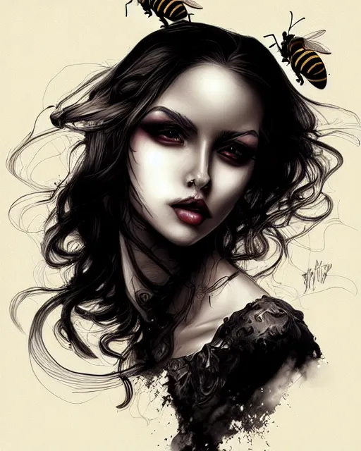 Prompt: black crimson ink smoke portrait of a bee, artgerm, wlop, artstation