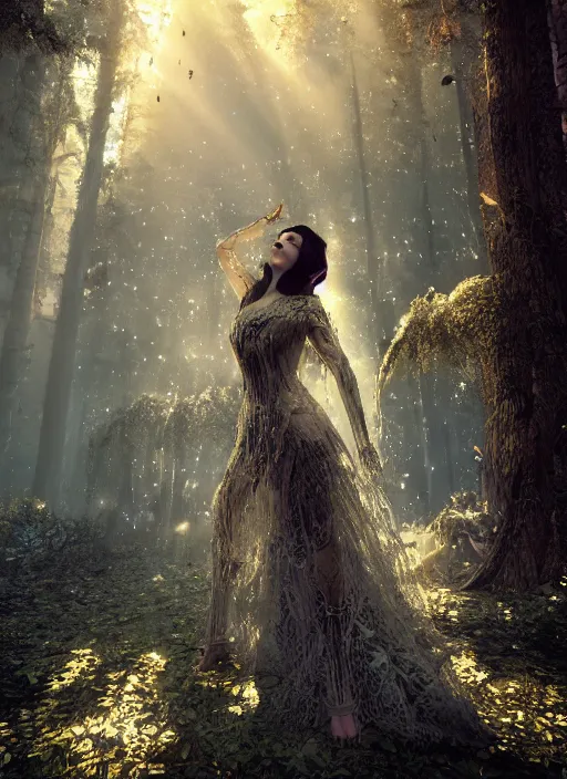 Image similar to beauteous sumptuous, gothic full body elegant pose, crystalline masterpiece incrustations, by victoria frances, hyperdetailed metalwork, movie still, intricate, octane render, cinematic forest lighting, unreal engine, crepuscular rays, god rays