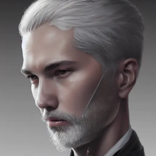 Prompt: ultra realistic illustration, young man with gray skin, short white hair, intricate, with dark clothes, elegant, highly detailed, digital painting, artstation, concept art, smooth, sharp focus, illustration, art by artgerm and greg rutkowski and alphonse mucha