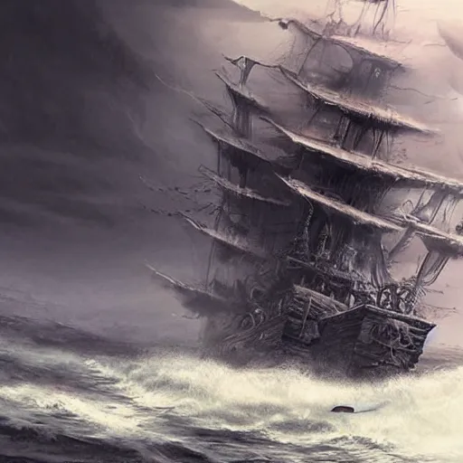 Image similar to ghostly pirate ship sailing on a raging sea, concept art, highly detailed, intricate, dark colour, tense atmosphere, night sky full of star