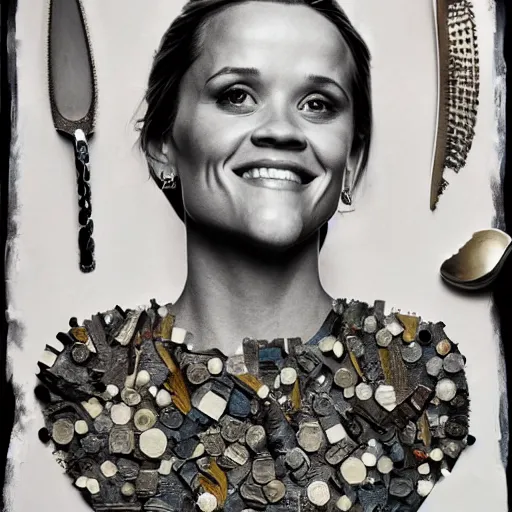 Image similar to a portrait of of reece witherspoon constructed from spoons, collage, drop shadow, organic, layered composition, layers, texture, mcu, petals, highly textured, layered, sculpted, dynamic,