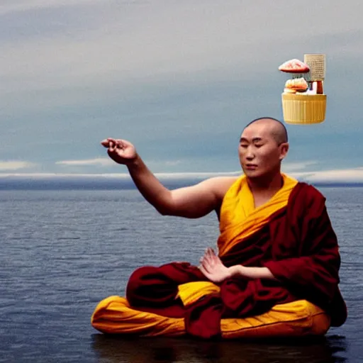 Prompt: !dream a Buddhist monk floating above water with an ice cream ::