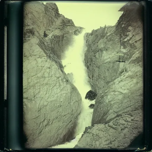 Image similar to a deep dark caldera with rushing water at the bottom, creepy, eerie, unsettling, terrifying, jagged rocks, dark, old polaroid, expired film,