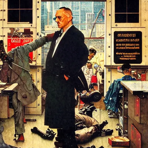 Image similar to A science fiction spy sneaks into a city, by Norman Rockwell.