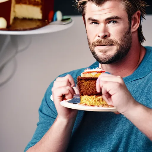 Image similar to Obese Chris Hemsworth eating cake, XF IQ4, 150MP, 50mm, F1.4, ISO 200, 1/160s, natural light