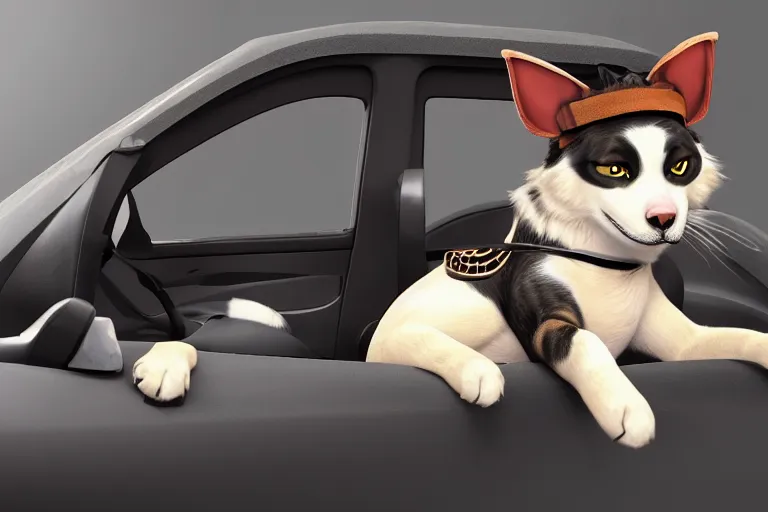 Image similar to A dog dressed as a cat driving a car, Gorgeous art, childish, Trending on Artstation, Unreal Engine 5, High-octane dog action, the dog is disguised as a cat