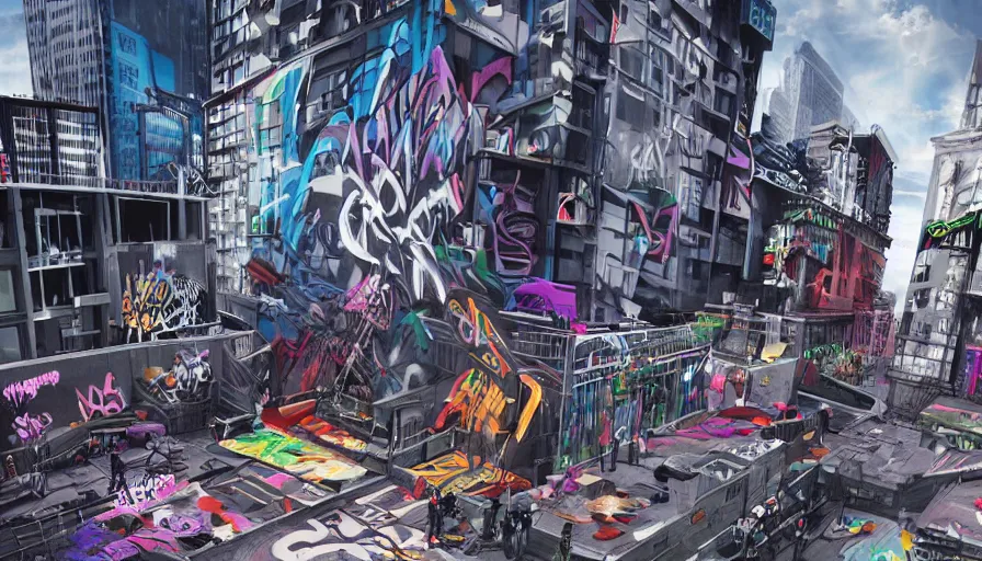 Image similar to urbanpunk - graffiti artists creating a mural on a building in a high - tech, futuristic inner city 0 f new york, urbanpunk youth, fashionable street clothing, spray cans, friends, blacklight graffiti street art, octane render, unreal 5, 8 k digital art, highly detailed, in the style of boondocks