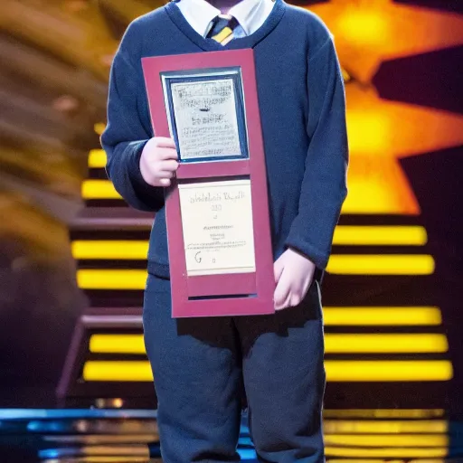 Prompt: Photo of Harry Potter on America's Got Talent TV show, highly-detailed 4K award-winning