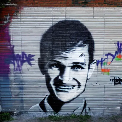 Prompt: spray paint graffiti of vitalik buterin Ethereum on walls in the style of banksy