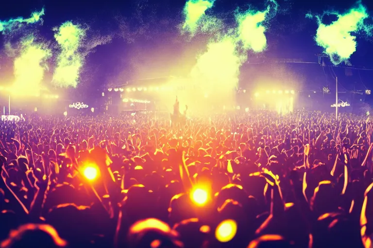 Image similar to crowd partying with their hands up and lighters in the air at a festival, silhouette, digital art, trending on artstation, 4k, unreal engine, intricate, ornate