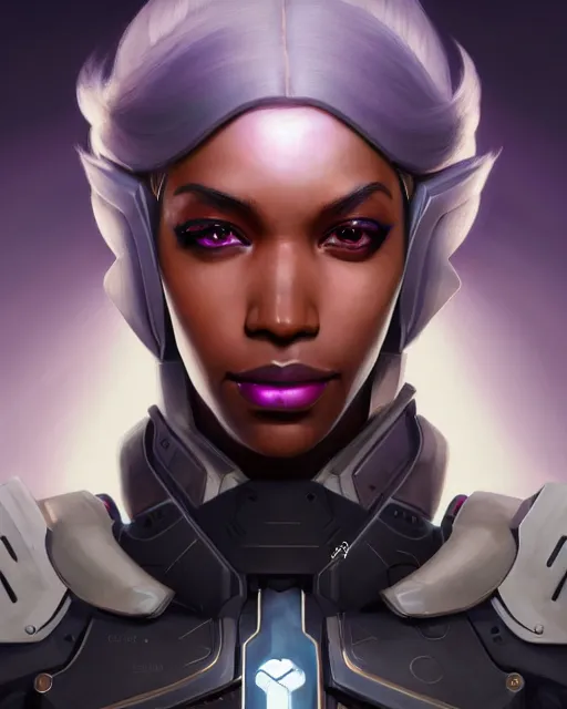 Image similar to sojourn from overwatch, bust, dreadlocks, gray hair, cyborg eyes, fantasy, fantasy art, fantasy, colorful, elegant, character portrait, portrait, close up, highly detailed, intricate detail, amazing detail, sharp focus, vintage fantasy art, vintage sci - fi art, radiant light, caustics, by boris vallejo