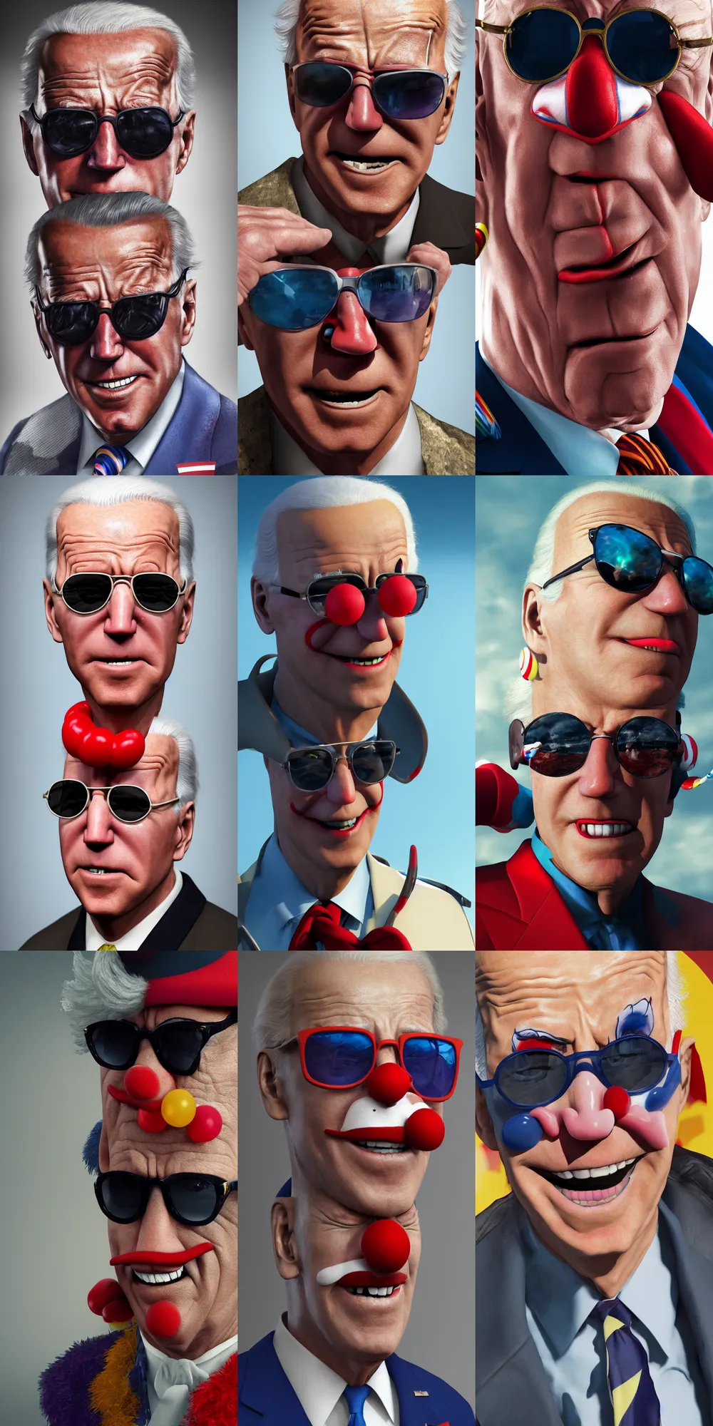 Prompt: a photorealistic portrait of Joe Biden wearing sunglasses, as an adventurer, wearing a clown-suit, hopeful, brave, studio lighting, 8k, cgsociety, artstation trending, 3d render, octane render, high detail, high quality, style of Wayne Haag