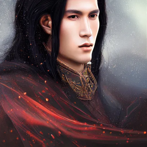 Prompt: a portrait of a young handsome prince, long black hair, golden eyes, elegant, intricate, backlit, incredible lighting, strong rim light, subsurface scattering, epic beautiful landscape, cherry trees, highly detailed, god rays, digital painting, by Heise Jinyao, Heise-Lian Yan Fang, Feimo, Rossdraws, HDRI, vivid colors, high contrast, 8k resolution, photorealistic