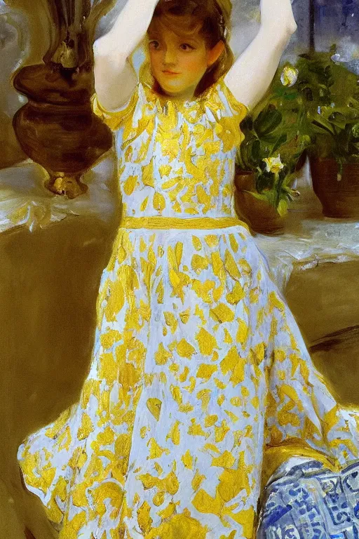 Image similar to girl waer detailed golden arabesque dress with a lot of narcissus in persian pot, painting by john singer sargent