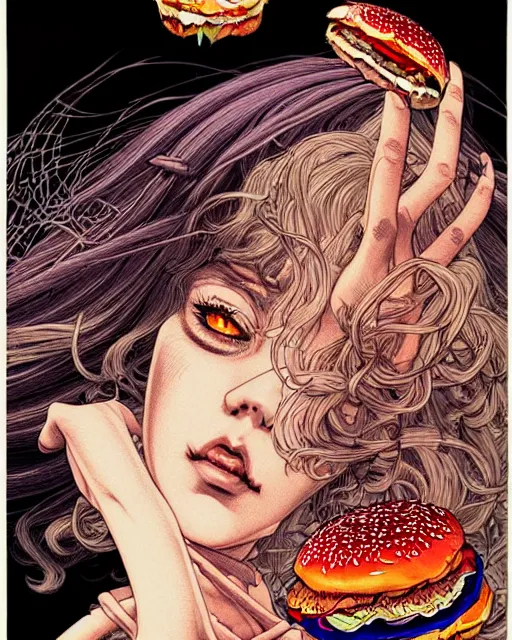 Image similar to hyper detailed illustration of a witch with a hamburger, intricate linework, lighting poster by moebius, ayami kojima, 9 0's anime, retro fantasy