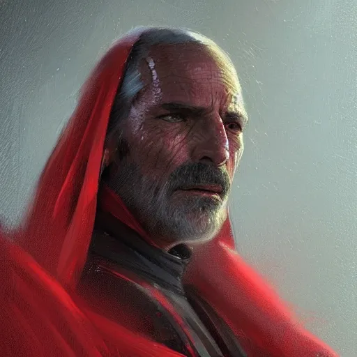 Prompt: portrait of a man by greg rutkowski, jedi emperor roan fel, short black hair, star wars expanded universe, he is about 5 0 years old, elegant, prideful, wearing red jedi armor, highly detailed portrait, digital painting, artstation, concept art, smooth, sharp foccus ilustration, artstation hq