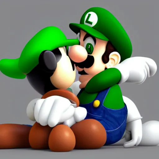 Image similar to luigi sitting next to tux in front of a computer, hugging each other, cute digital art, 4 k