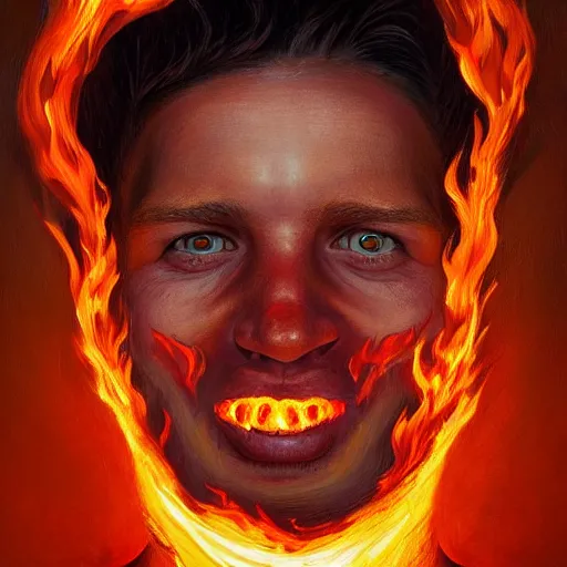 Prompt: a hyper realistic painting of a young fire - man, all face covered with a fire, fire all around him, coherent symmetrical eyes, cunning smile, by jeffrey smith, by andrea kowch, by steve henderson, masterpiece, trending on artstation,